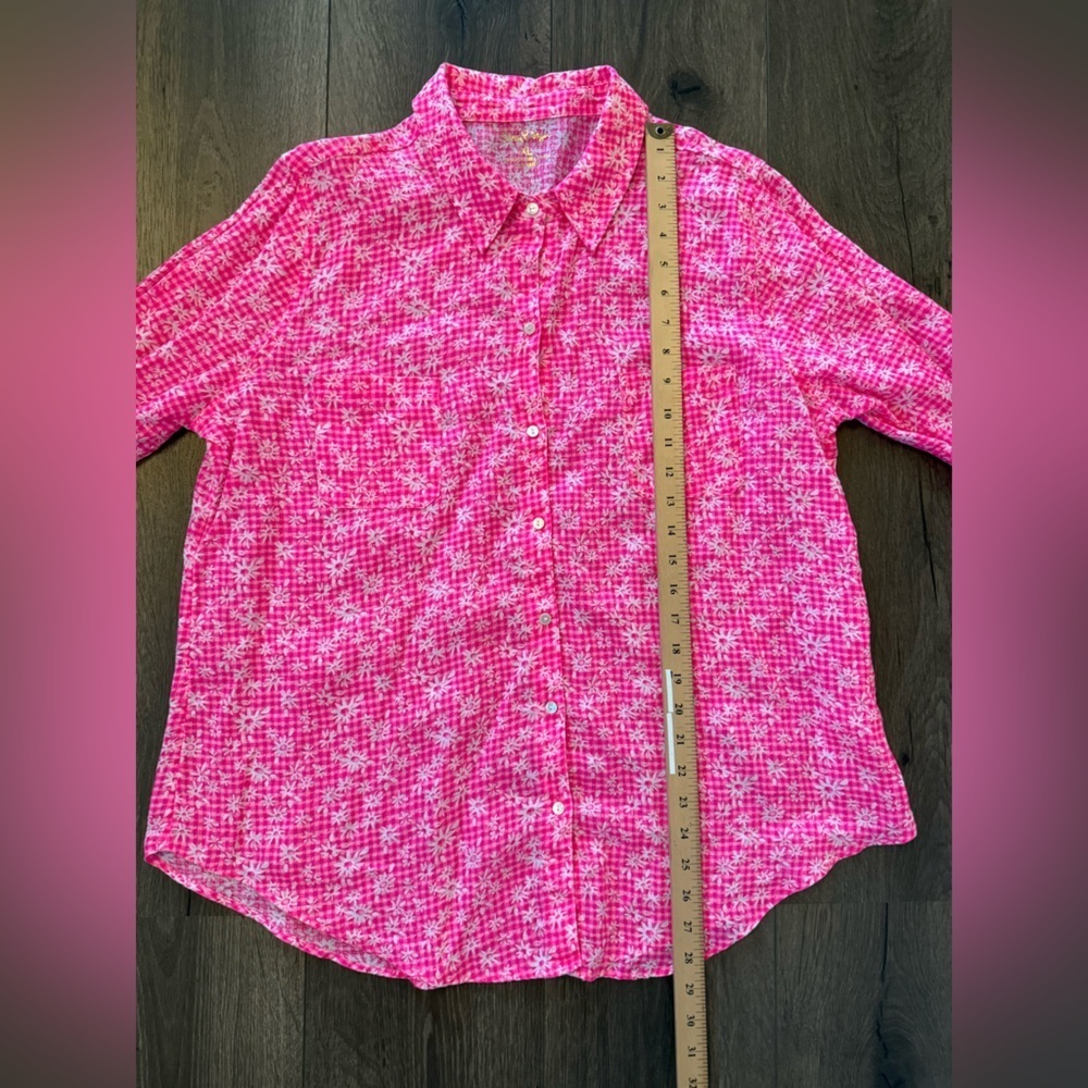 Lilly Pulitzer Sea View linen button-down shirt pink gingham floral Size XL - Picture 7 of 9